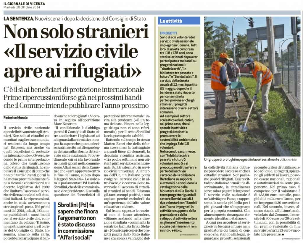 Servizio Civile - Articolo tratto dal Giornale di Vicenza del 28.10.2014